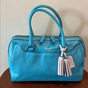 Coach  perforated leather Haley Satchel  turquoise/white tassels & hangtag Exce